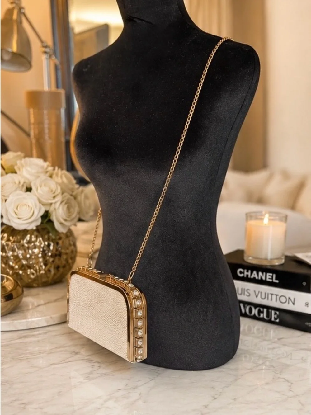 Gold-Trim Cream Pearl-Accent Crossbody Bag
